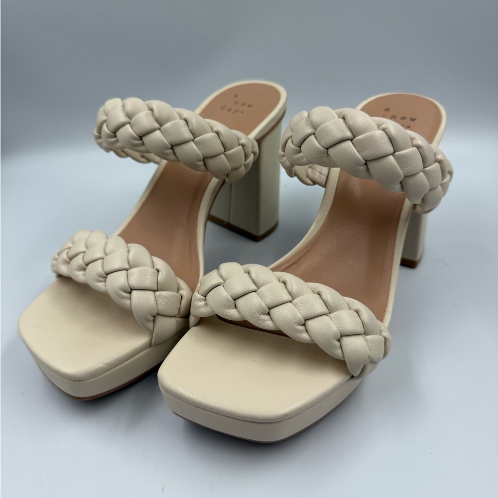 A New Day Braided Double Strap Block Heel Sandals Cream Size 7